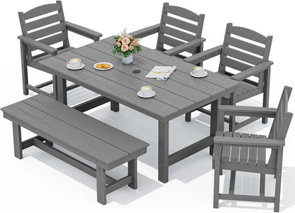 SERWALL Outdoor Dining Set, Patio Dining Set with Bench, Gray