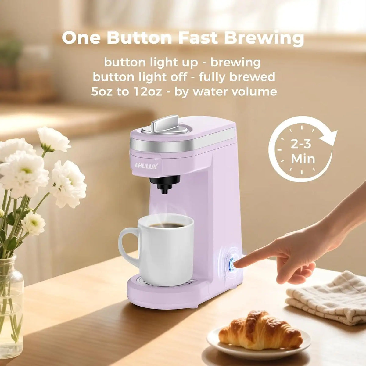 CHULUX Mini Single One Cup Coffee Maker for K Pod, Auto Shut Off, Lavender