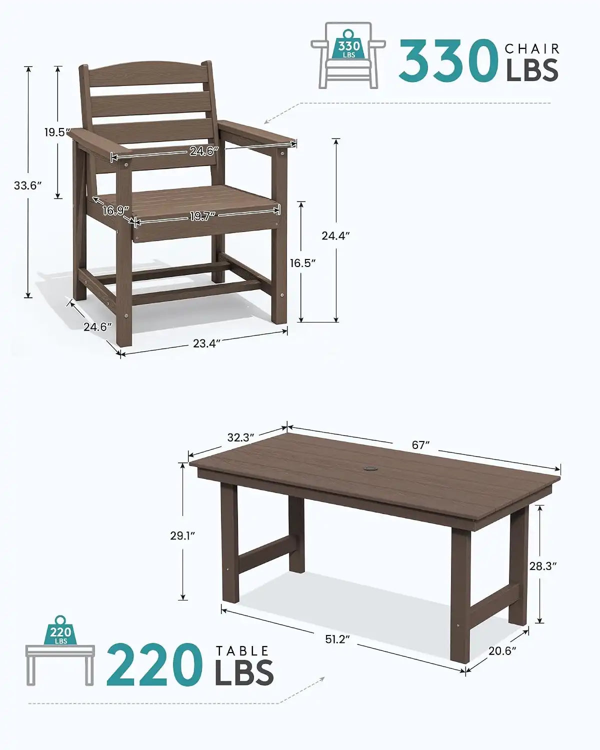 SERWALL 7 Pcs Outdoor Dining Set, 67" HDPE Dining Set for 6, Coffee
