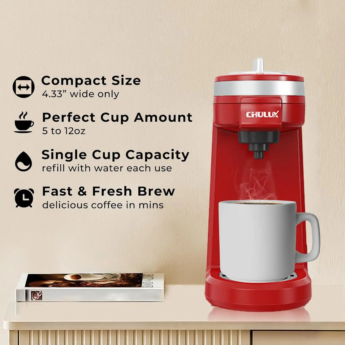 CHULUX Mini Single Cup Coffee Maker for K Pod, Perfect for Small Space, Red