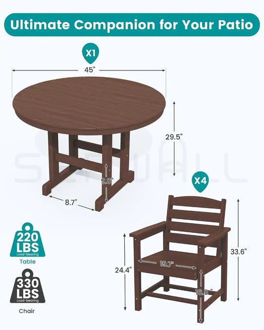 SERWALL 6-Pc Dining Set, 45" Table, 4 Chairs&9FT Umbrella, Coffee (No Base)