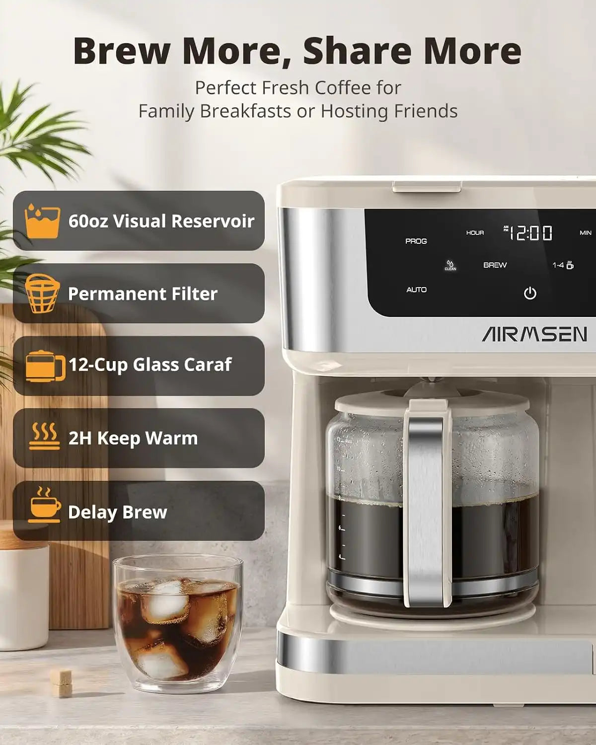 AIRMSEN 12-Cup Programmable Dual Coffee Maker – Single Serve Machine for K-Pods & Ground, 1000W Fast Brew, Delay Start, 2H Keep Warm, Touchscreen, 60oz Tank, Glass Carafe – Home & Office