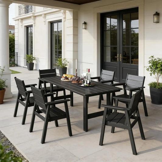 HDPE Outdoor Dining Table and Chairs, 7-Piece Patio Table and Chairs Set, Outdoor Dining Set for 6, All-Weather Dining Furniture Set with Umbrella Hole, Black