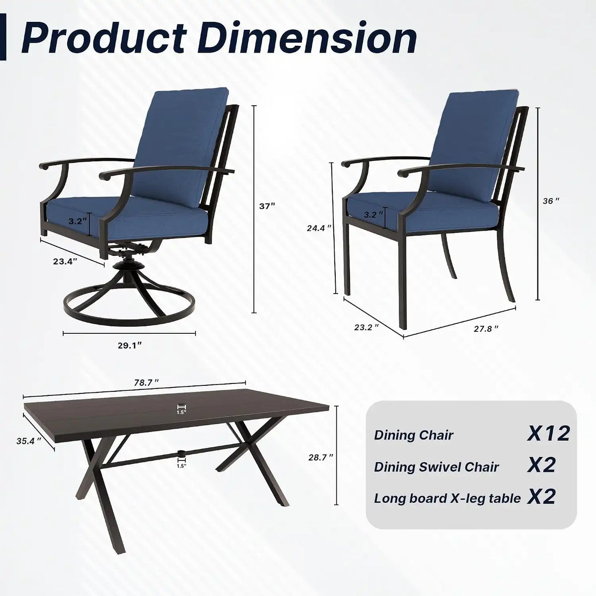 16 PCS Outdoor Patio Dining Set,Patio Table and Chairs Metal Outdoor Patio Furniture Set with Umbrella Hole,Dining Table Set with Swivel Chairs for Deck,Backyard and Garden,Navy Blue