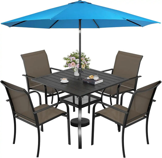 SUNCROWN 6 - Piece Outdoor Dining Set, Patio Furniture Set with 4 Textilene Dinning Chairs, 1 Steel Slat Metal Bistro Table and 1 Sky Blue 9Ft Patio Umbrella for Lawn Garden Backyard Deck, Brown