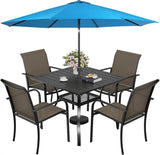 SUNCROWN 6 - Piece Outdoor Dining Set, Patio Furniture Set with 4 Textilene Dinning Chairs, 1 Steel Slat Metal Bistro Table and 1 Sky Blue 9Ft Patio Umbrella for Lawn Garden Backyard Deck, Brown