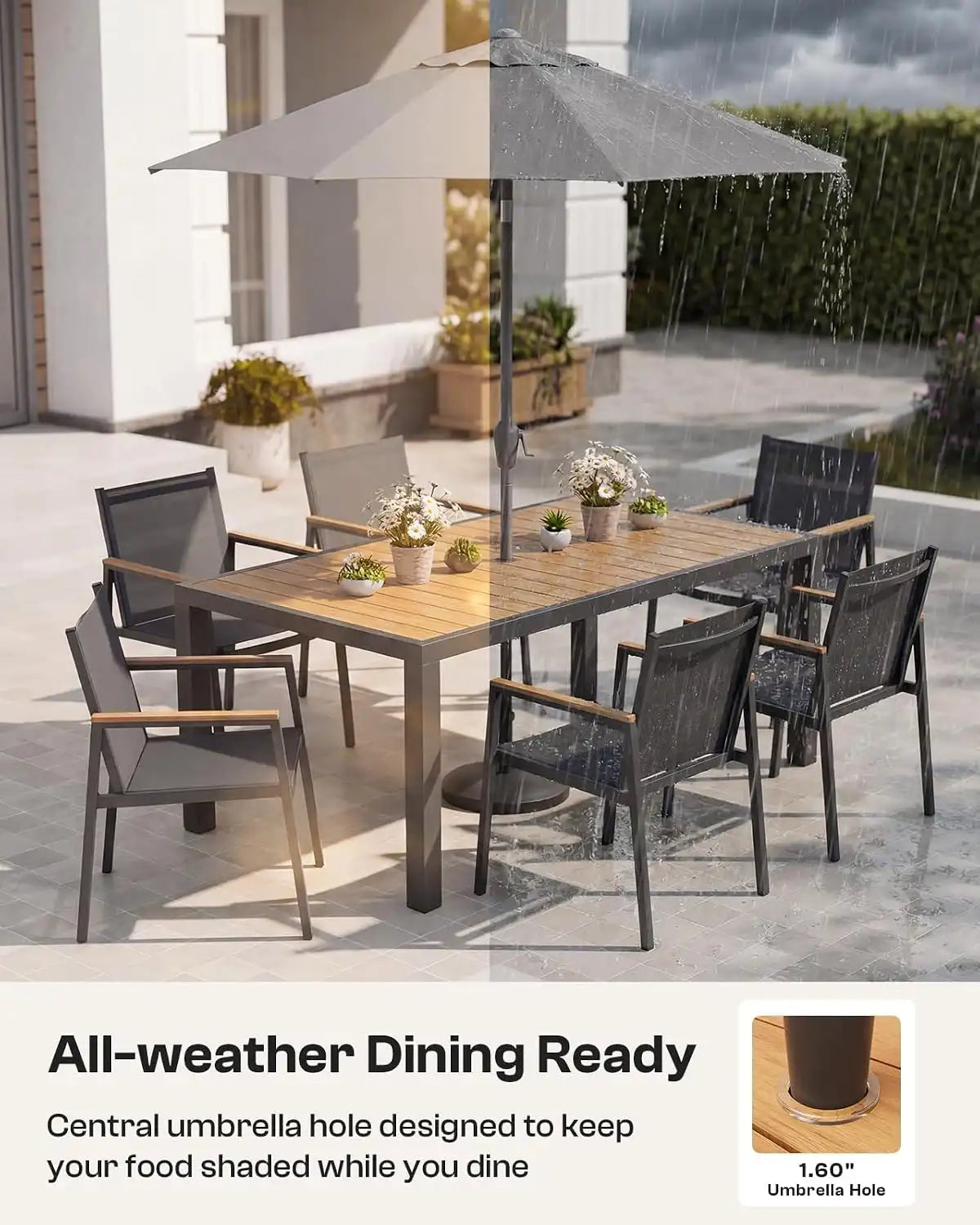 Outdoor Dining Set for 8, Aluminum Patio Table and Chairs Set, 10-Piece All Weather Patio Dining Furniture Set with Umbrella Hole for Backyard, Deck, Poolside (Gray-Teak)