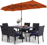 Sophia & William 7pc Patio Dining Set with Red Umbrella, 6 Rattan Chairs