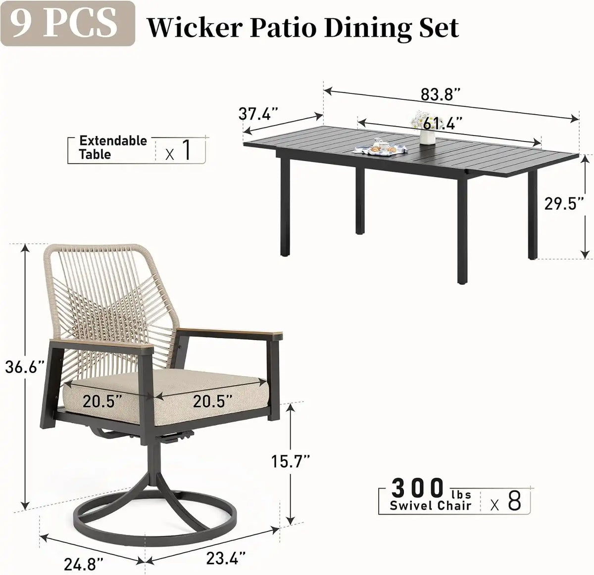 SUNSHINE VALLEY Swivel Patio Dining Set, Extendable Metal Table & 8 Chairs