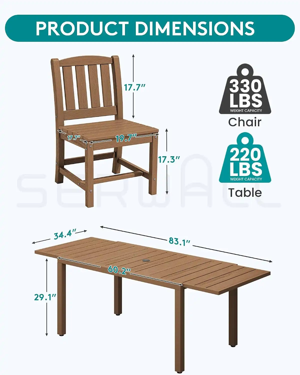 SERWALL Outdoor Patio Dining Set for 6, Brown