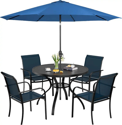 SUNCROWN 6 - Piece Outdoor Dining Set, Patio Furniture Set with 4 Textilene Dinning Chairs, 41" Metal Round Table and 1 Dark Blue 9Ft Patio Umbrella for Lawn Garden Backyard Deck, Blue