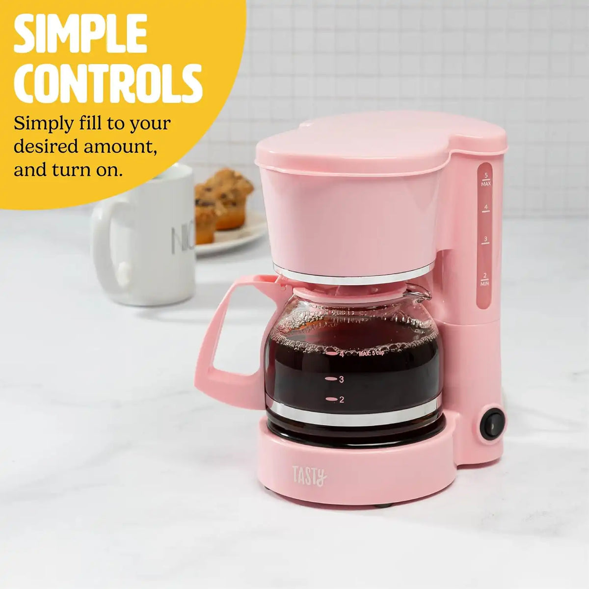 Tasty 5-Cup Coffee Maker with Auto Pause & Pour, Reusable Filter, Easy View Water Reservoir and Warming Plate, Glass Carafe, Compact Brew & Drip Coffee Maker, 5-Cup, Pink