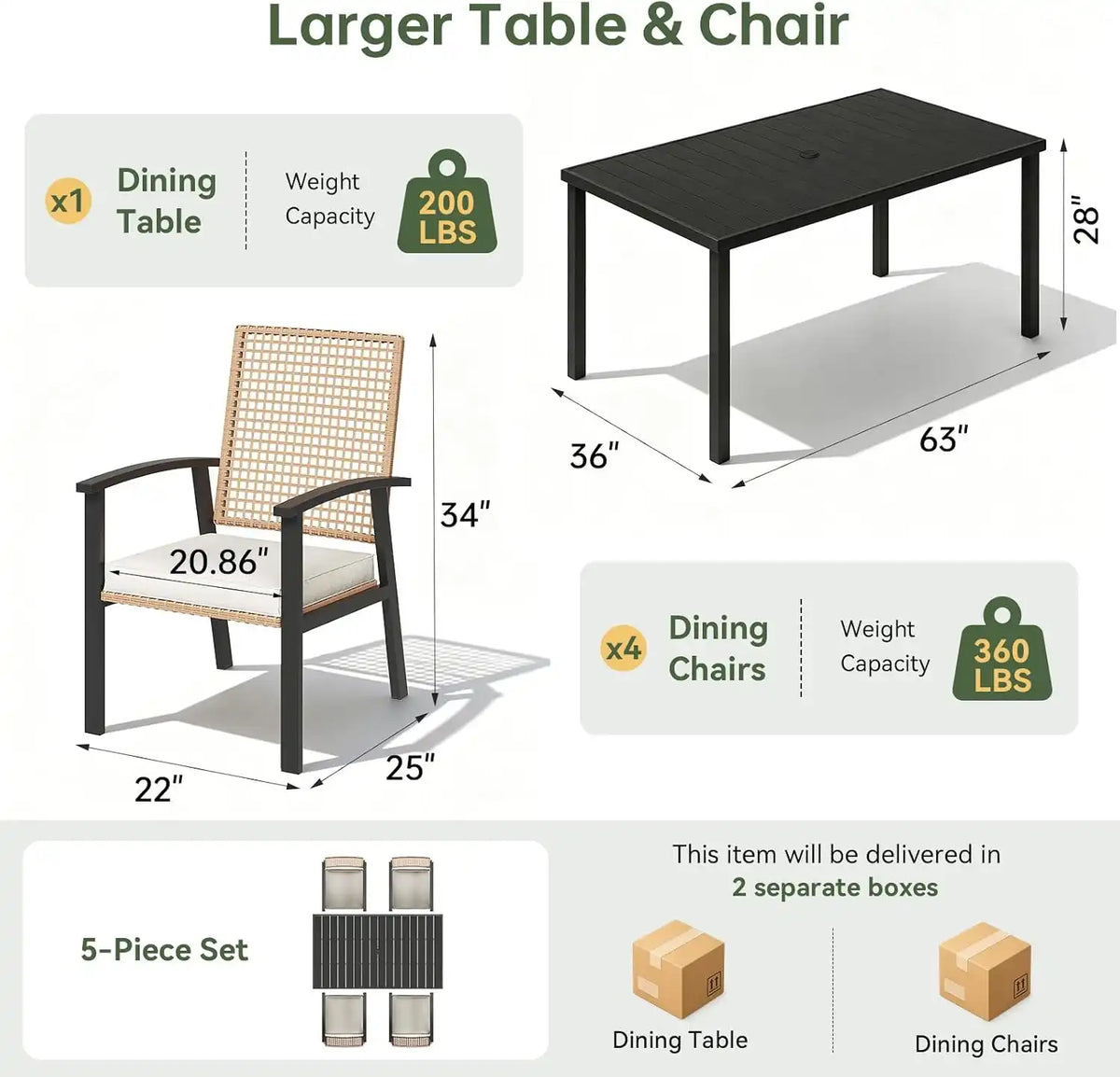 Aoxun 5-Piece Wicker Patio Table and Chairs Set for 4 with Umbrella Hole