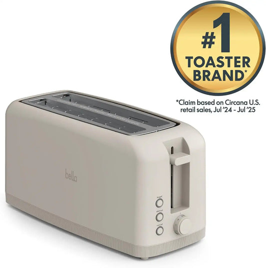 bella 4 Slice Slim Toaster, Fits-anywhere™ Kitchenware, 6 Setting Shade Control with Reheat & Cancel Buttons, Fits Sourdough, 10” Long Slot, Anti Jam & Auto Shutoff, 900 Watt, Oatmilk