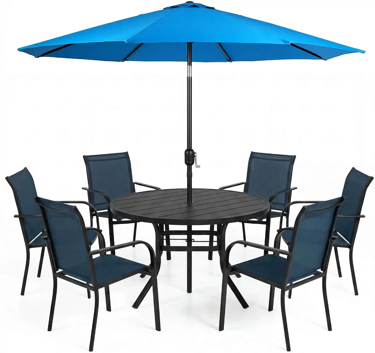 SUNCROWN 8 - Piece Outdoor Dining Set, Patio Furniture Set with 6 Textilene Dinning Chairs, 53" Metal Round Table and 1 Sky Blue 9Ft Patio Umbrella for Lawn Garden Backyard Deck, Blue