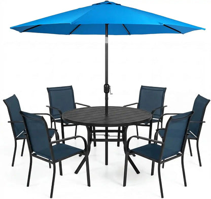 SUNCROWN 8 - Piece Outdoor Dining Set, Patio Furniture Set with 6 Textilene Dinning Chairs, 53" Metal Round Table and 1 Sky Blue 9Ft Patio Umbrella for Lawn Garden Backyard Deck, Blue