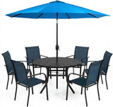 SUNCROWN 8 - Piece Outdoor Dining Set, Patio Furniture Set with 6 Textilene Dinning Chairs, 53" Metal Round Table and 1 Sky Blue 9Ft Patio Umbrella for Lawn Garden Backyard Deck, Blue