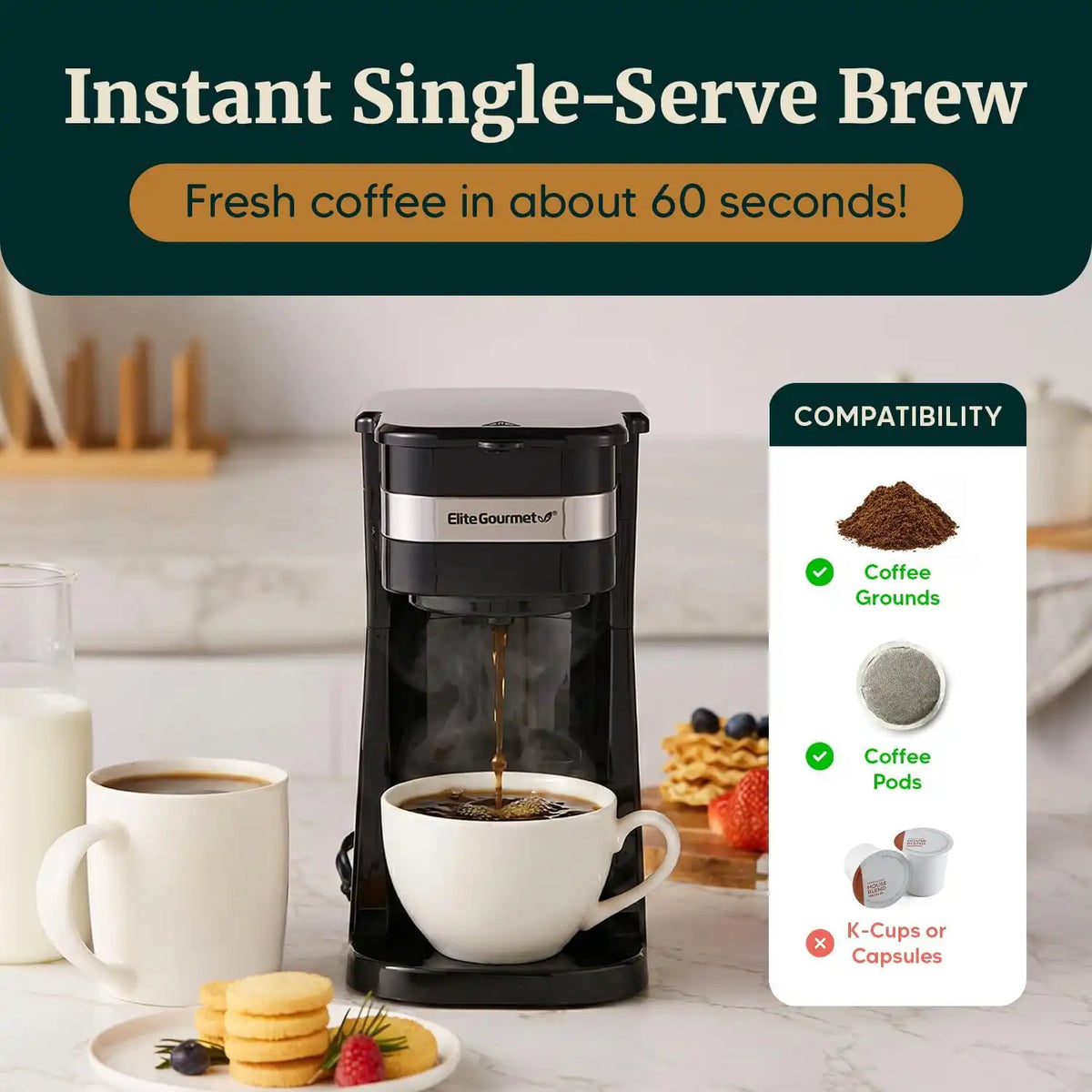 Elite Gourmet EHC113 Personal Single-Serve Compact Coffee Maker, Black