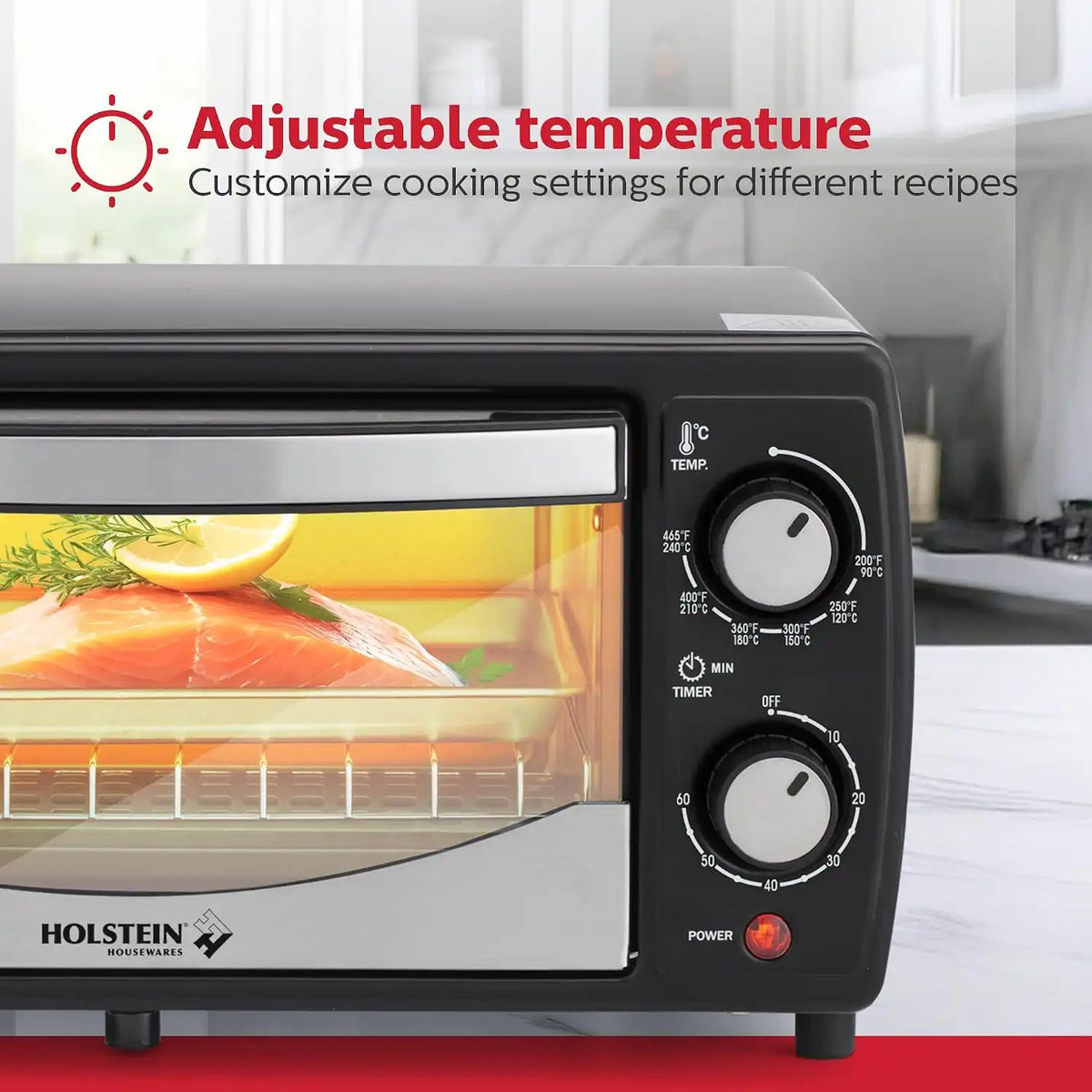 Holstein Housewares 4 Slice Countertop Toaster Oven with 60 Minute Timer Includes Pan and Wire Rack, Perfect for Baking, Broiling, and Toasting Compact Design in Sleek Black for Convenient Kitchen Use