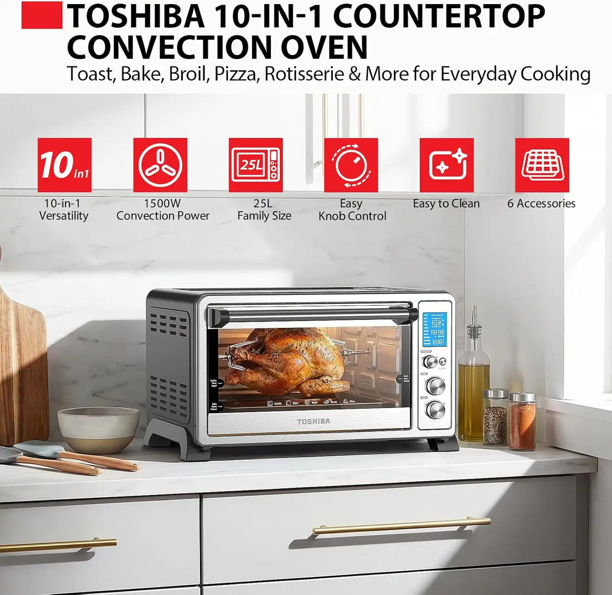TOSHIBA 10-in-1 Convection Toaster Oven, 6-Slice Countertop Oven, 1500W