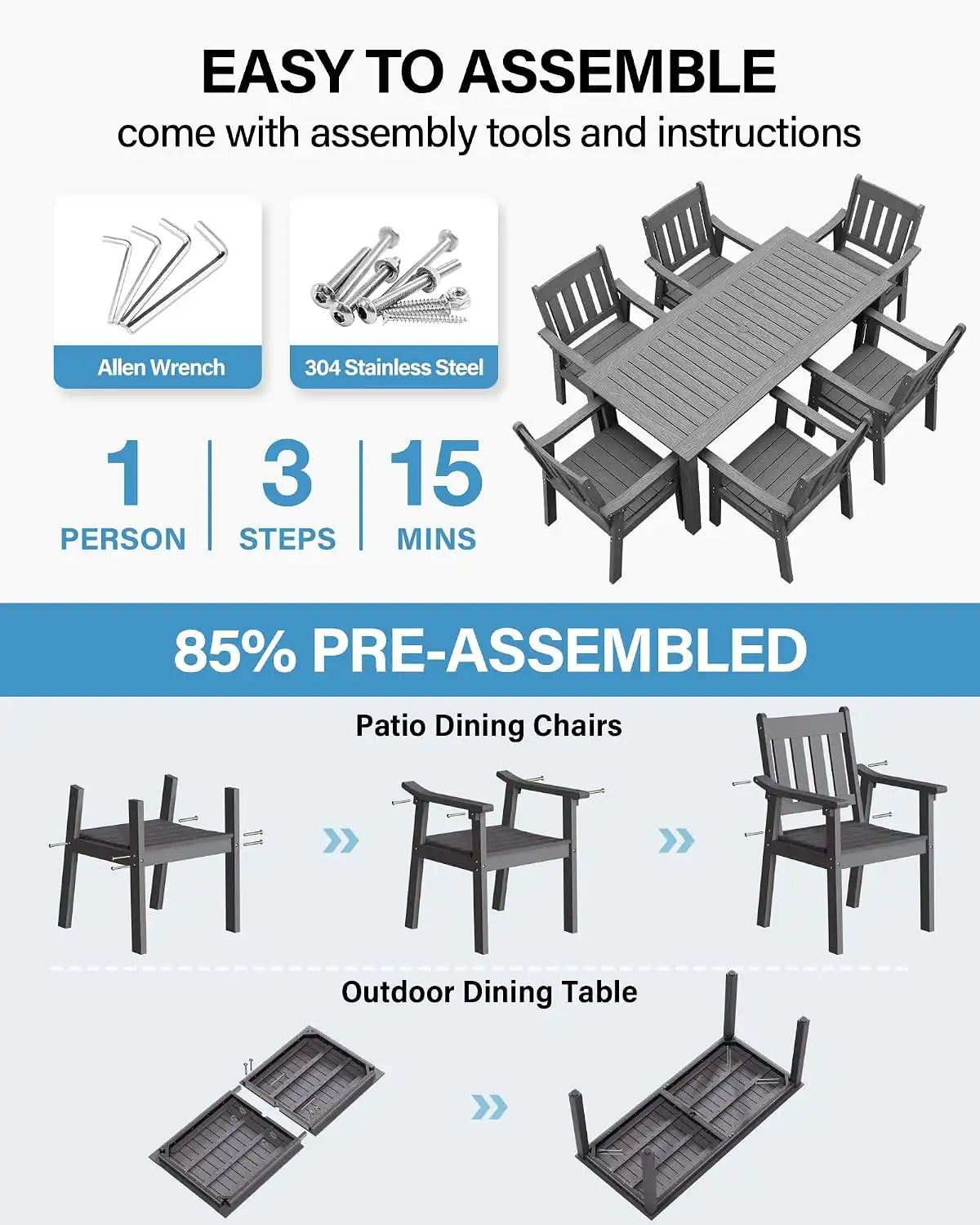 YEFU 7-Piece Patio Table Set, All-Weather HIPS, Metal Aluminum Frame, Gray