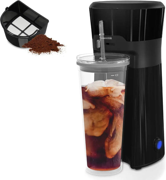HEYNEMO Iced Coffee and Tea Maker with Reusable Coffee Filter and Portable 20oz Double Insulated Cups, Single Serve Machine for Home, Strength Control for Flavor, Black