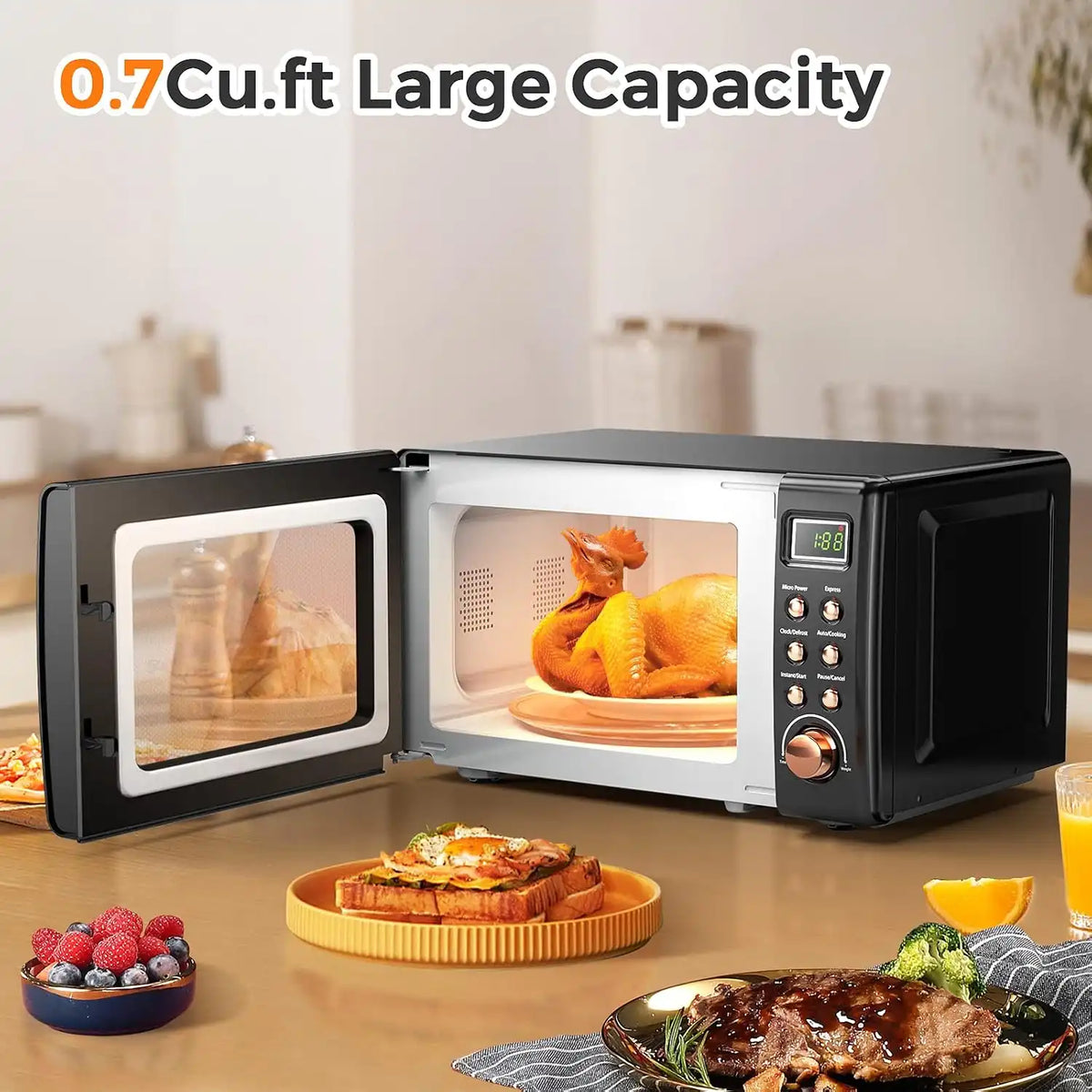 LDAILY 0.7Cu.ft Retro Small Microwave Oven, 700W Compact Countertop Microwave with 5 Power Levels, Auto Cooking Menus, Glass Turntable, Child Lock & Glass Turntable for Apartment, Dorm (Golden)
