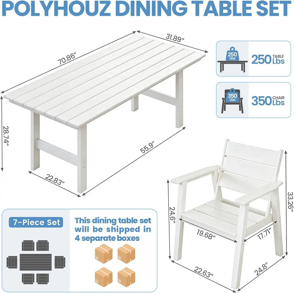 Outdoor Dining Set for 6, 7-Piece Patio Table and Chairs Set, HDPE Outdoor Dining Table and Chairs with Umbrella Hole, All-Weather Dining Furniture Set,White