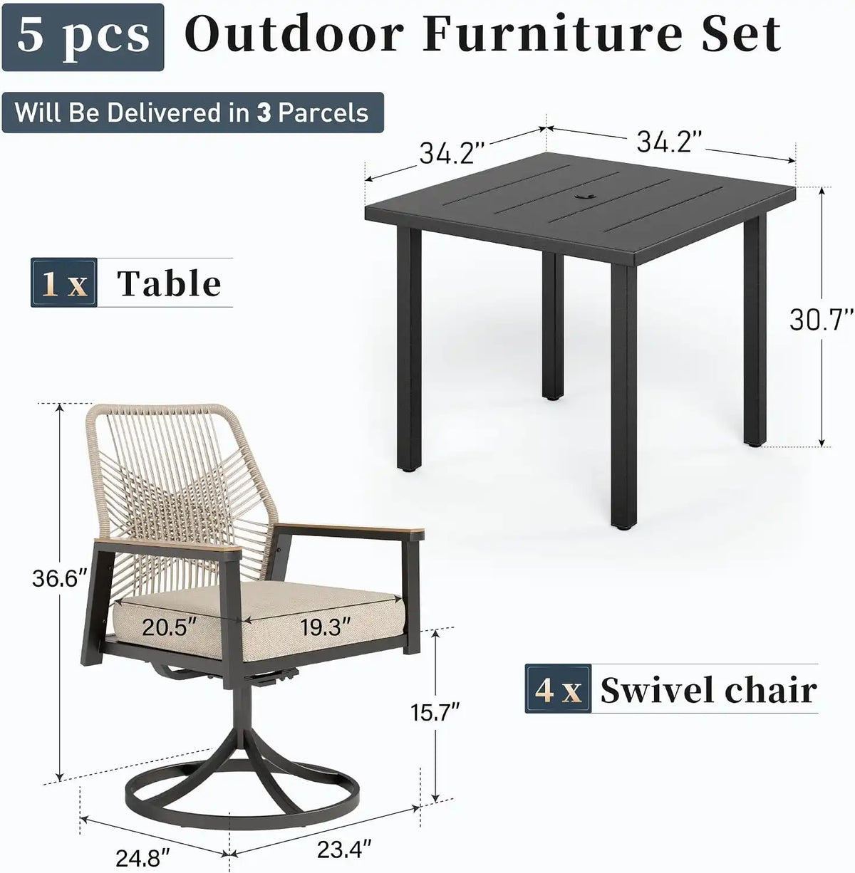 SUNSHINE VALLEY 5pc Patio Dining Set, 34.2" Square Table & 4 Swivel Chairs
