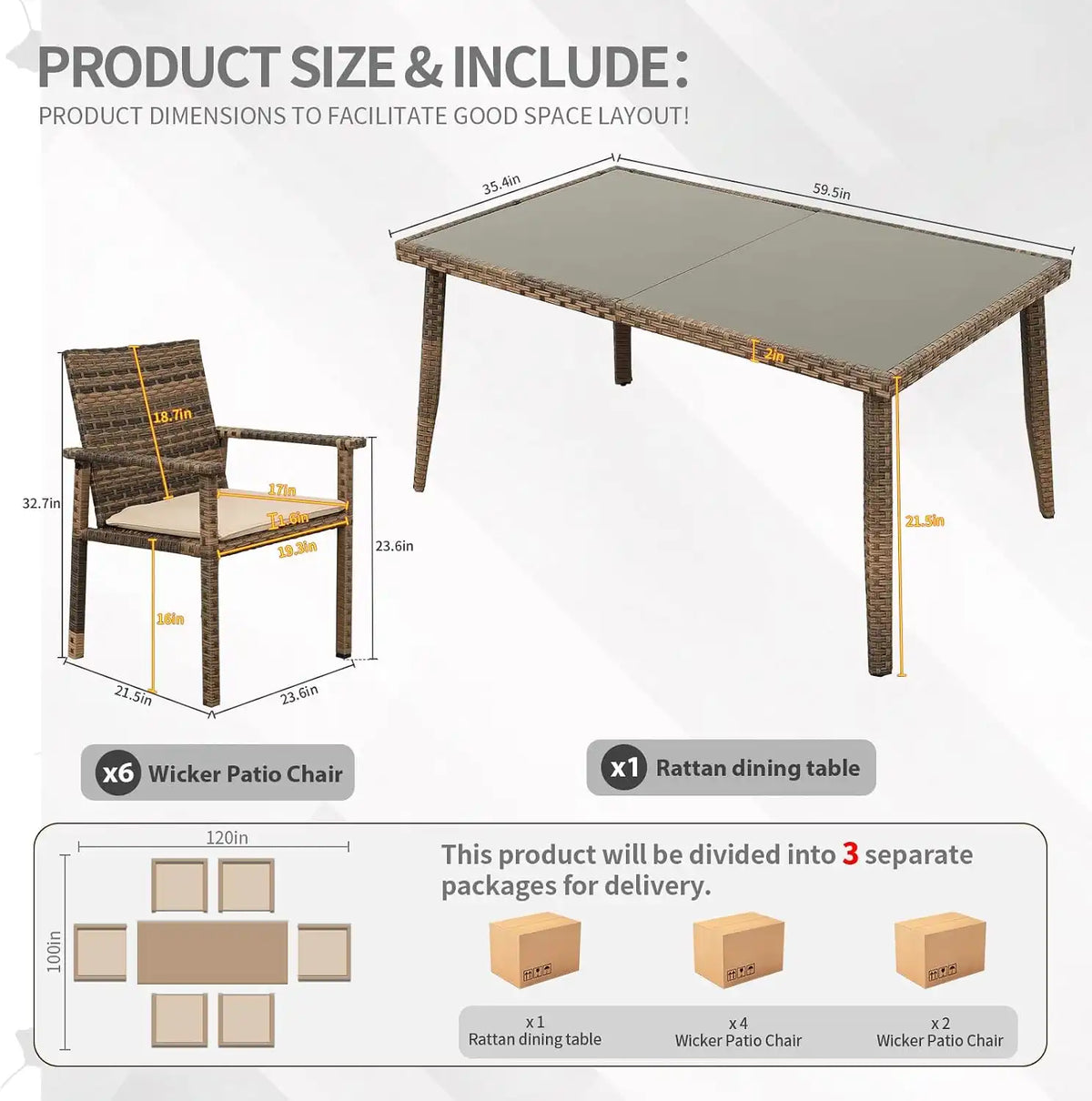 Rattaner Brown Wicker Patio Dining Set for 6 Outdoor Dining Glass Table and Chairs 7 Pieces with Waterproof Cover and Cushions, Khaki