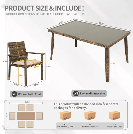 Rattaner Brown Wicker Patio Dining Set for 6 Outdoor Dining Glass Table and Chairs 7 Pieces with Waterproof Cover and Cushions, Khaki