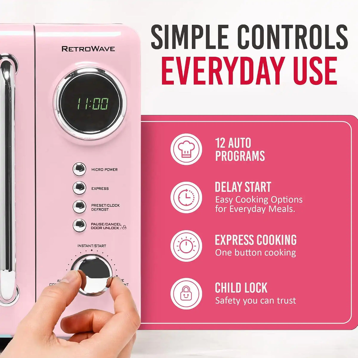 Nostalgia Countertop Microwave Oven with Easy Clean Interior - Retro Microwave with LED Display & Child Lock- Compact 0.7 Cu. Ft. Oven With 12 Pre-Programmed Settings for Quick Cooking- 700-Watts-Pink