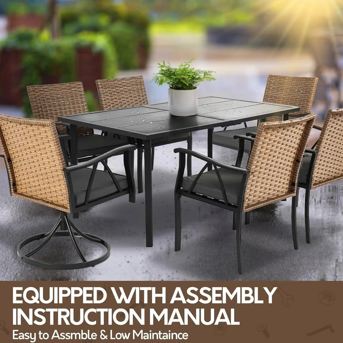 7-Piece Patio Dining Set for 6, Outdoor Dining Set with Wicker Swivel Patio Dining Chairs with Cushions & Black Rectangular Woodgrain Dining Table with 1.75”Umbrella Hole, Black & Brown