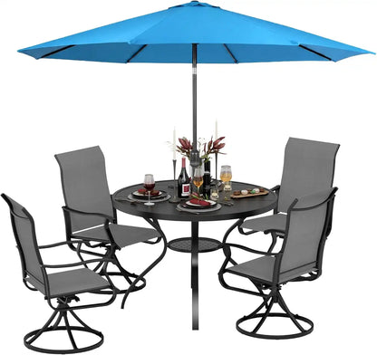 SUNCROWN 6-Piece Outdoor Dining Set, All Weather Patio Furniture Sets with 4 Dark Gray Swivel Textilene Mesh Chairs & Round Metal Table & 1 Light Blue 9Ft Umbrella for Deck Garden Backyard Poolside