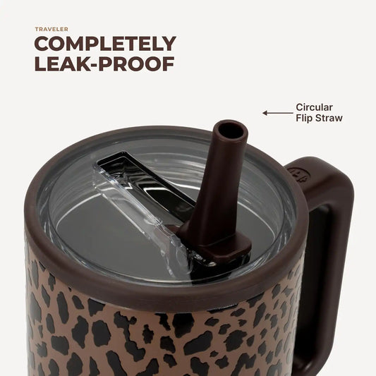 HydroJug Traveler 40oz, Insulated Water Bottle with Handle, Brown Leopard