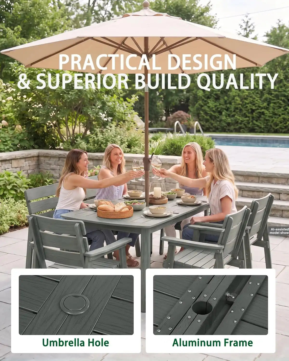 7-Piece Outdoor Dining Set, Patio Table & Chairs for 6, Dark Gray