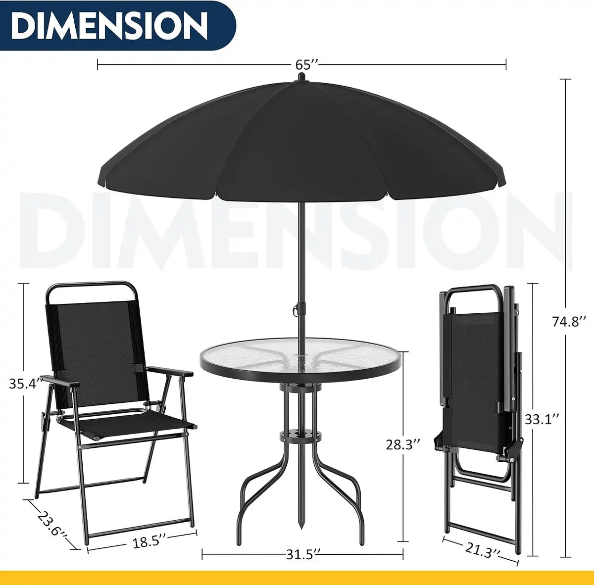Shintenchi 6 Piece Patio Dining Set with Umbrella, Outdoor Furniture Set with 4 Folding Chairs and Tempered Glass Top Dining Table for Lawn Backyard Garden Porch, Black