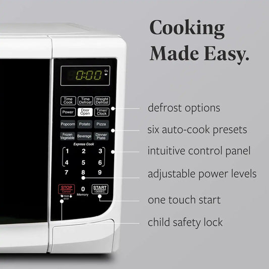 Farberware 0.7 Cu. Ft. Countertop Microwave Oven – 700 Watts Power, Auto Cook Settings, Defrost, Easy Clean and Child Safety Lock - White