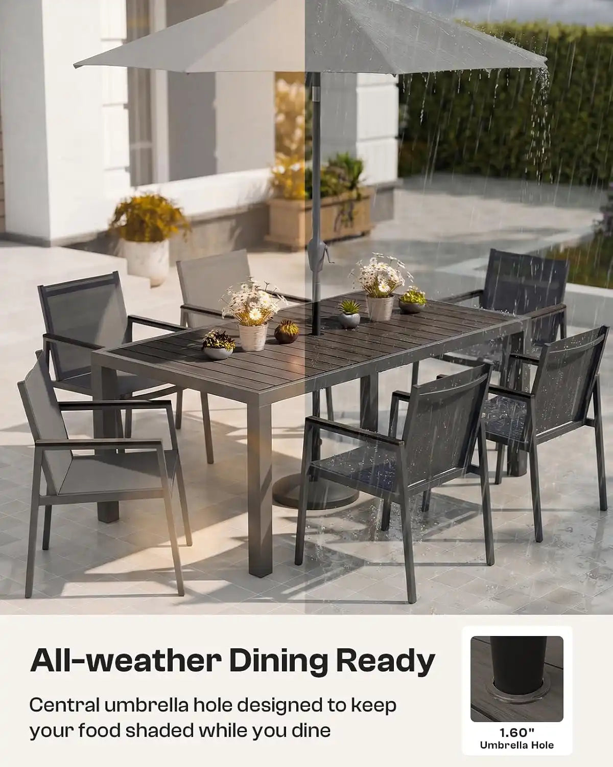 Outdoor Dining Set, 7 Piece Aluminum Patio Table and Chairs Set, All Weather Patio Dining Furniture Set with Umbrella Hole for Backyard, Deck, Poolside (Charcoal)