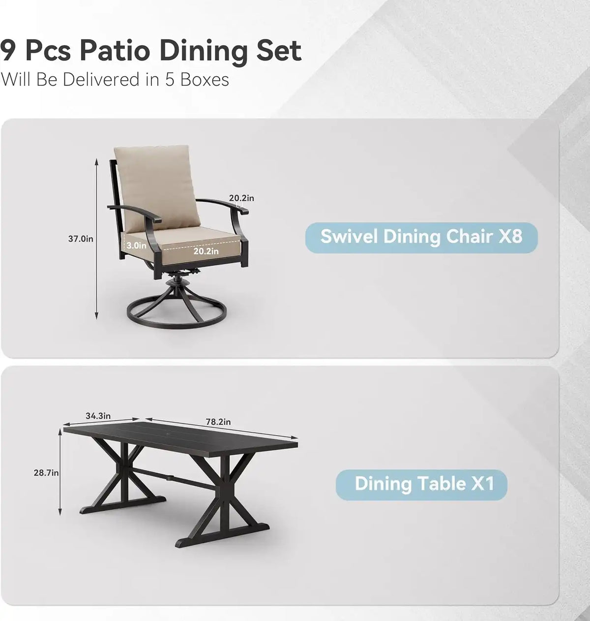 ALAULM 9-Piece Patio Dining Set,Outdoor Metal Dining Set with 8 Swivel Chairs & Rectangle Table with 1.5 Umbrella Hole, Patio Dining Table and Chairs for Backyard, Sand