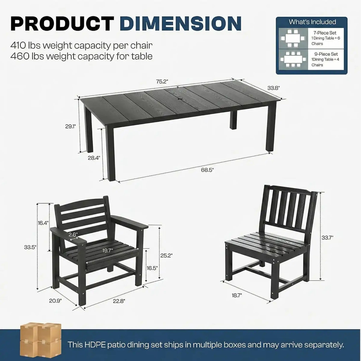Perli™ 7-Piece Outdoor Dining Set, All-Weather HDPE Patio Table and 6 Chairs with Umbrella Hole, UV-Resistant Composite Wood Dining Furniture for Deck, Backyard, Poolside, Black