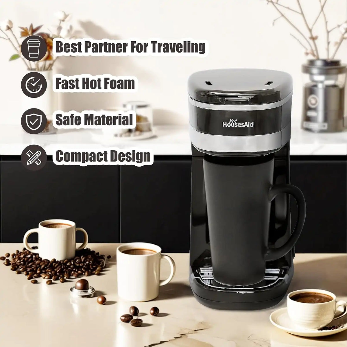 Single Serve Coffee Maker, 15oz Portable One Cup Coffee Brewer