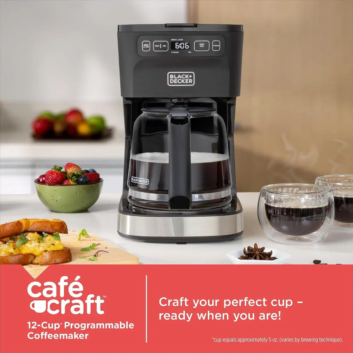 BLACK+DECKER CAFÉCRAFT 12-Cup Programmable Coffee Maker, Stainless Steel Drip Coffeemaker with Vortex Showerhead, Strength Selector, Sneak-A-Cup, Keep Warm