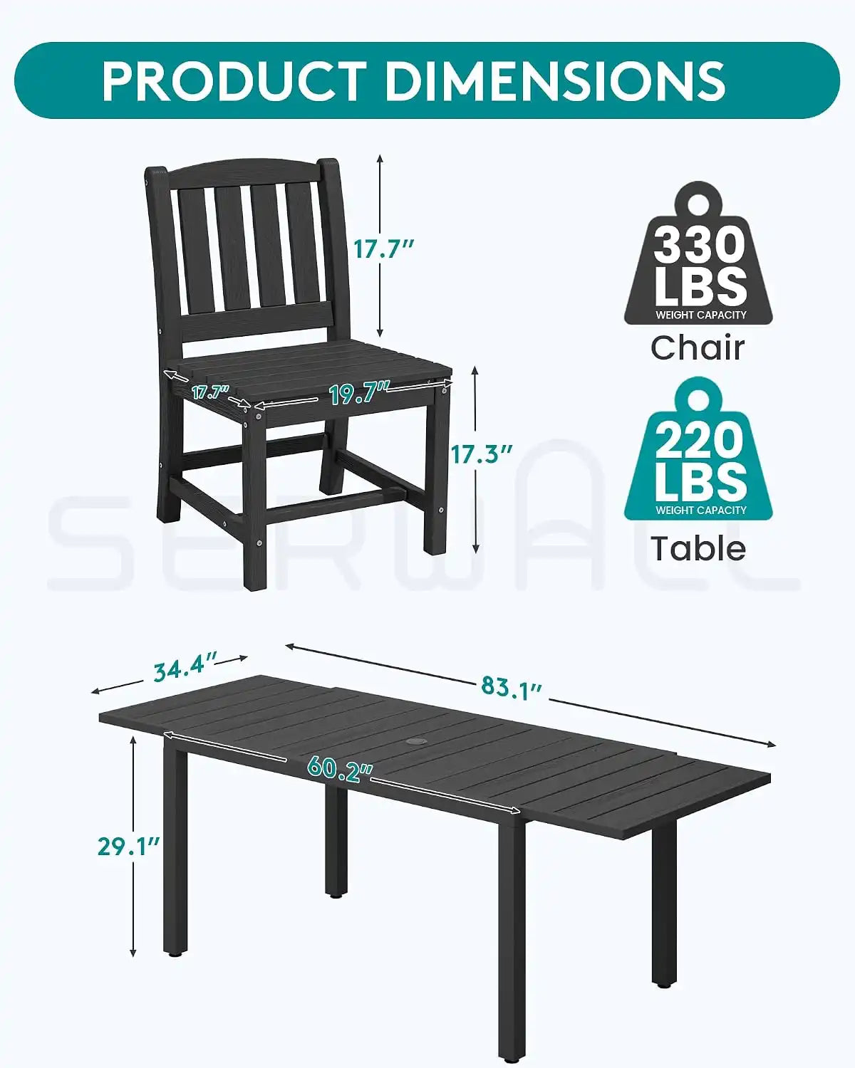 SERWALL Outdoor Patio Dining Set for 6, Black
