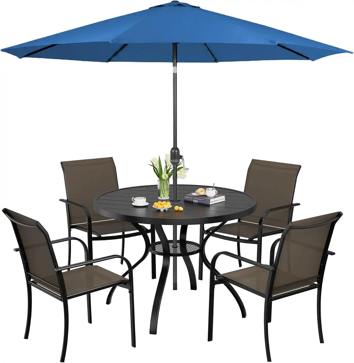 SUNCROWN 6 - Piece Outdoor Dining Set, Patio Furniture Set with 4 Textilene Dinning Chairs, 41" Metal Round Table and 1 Dark Blue 9Ft Patio Umbrella for Lawn Garden Backyard Deck, Brown
