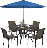 SUNCROWN 6 - Piece Outdoor Dining Set, Patio Furniture Set with 4 Textilene Dinning Chairs, 41" Metal Round Table and 1 Dark Blue 9Ft Patio Umbrella for Lawn Garden Backyard Deck, Brown