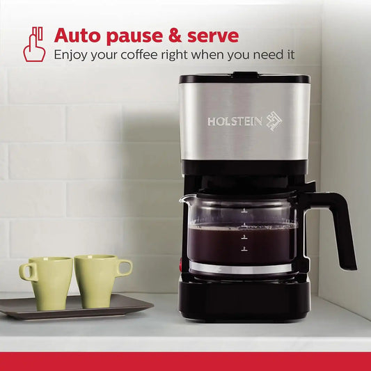 Holstein Housewares Simply Brew Stainless Steel Drip Coffee Maker 5 Cup Coffee with Reusable Filter, Drip Free, Dishwasher Safe Pot, Black