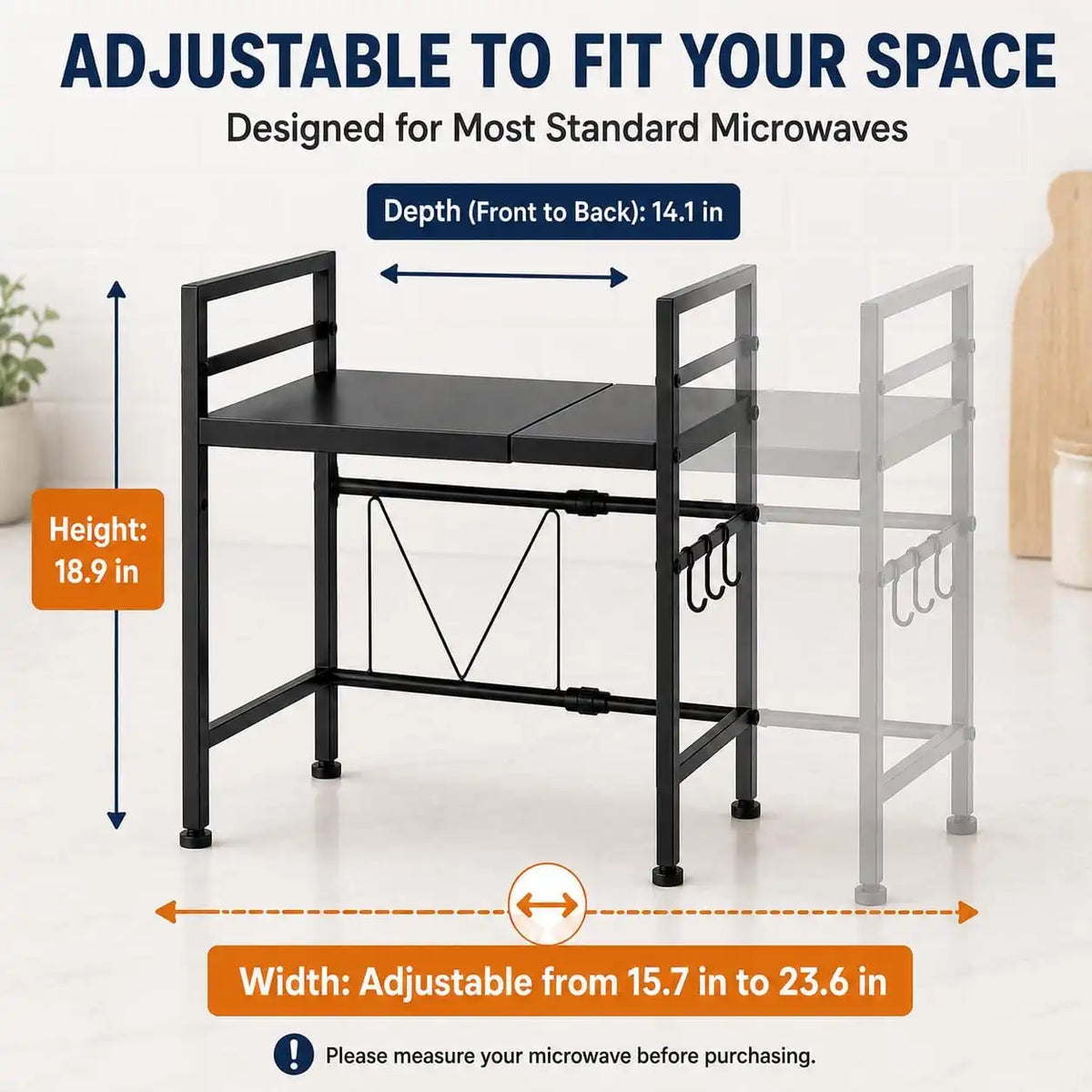 Microwave Rack, Adjustable Carbon Steel Stand with 3 Hooks