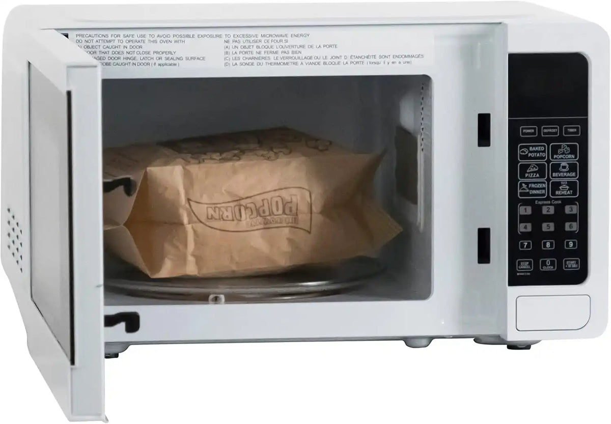West Bend 0.7 Cu. Ft. Countertop Microwave Oven, 700W with 6 Pre-Programmed Cooking Settings, Speed Defrost, Electronic Control Panel, Rotating Glass Turntable, Add 30 Seconds Button, White