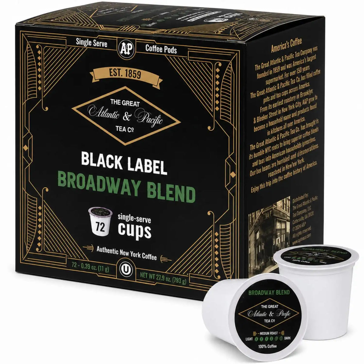 A&P Broadway Blend Medium Roast Coffee Pods, 100% Arabica, 72 Count